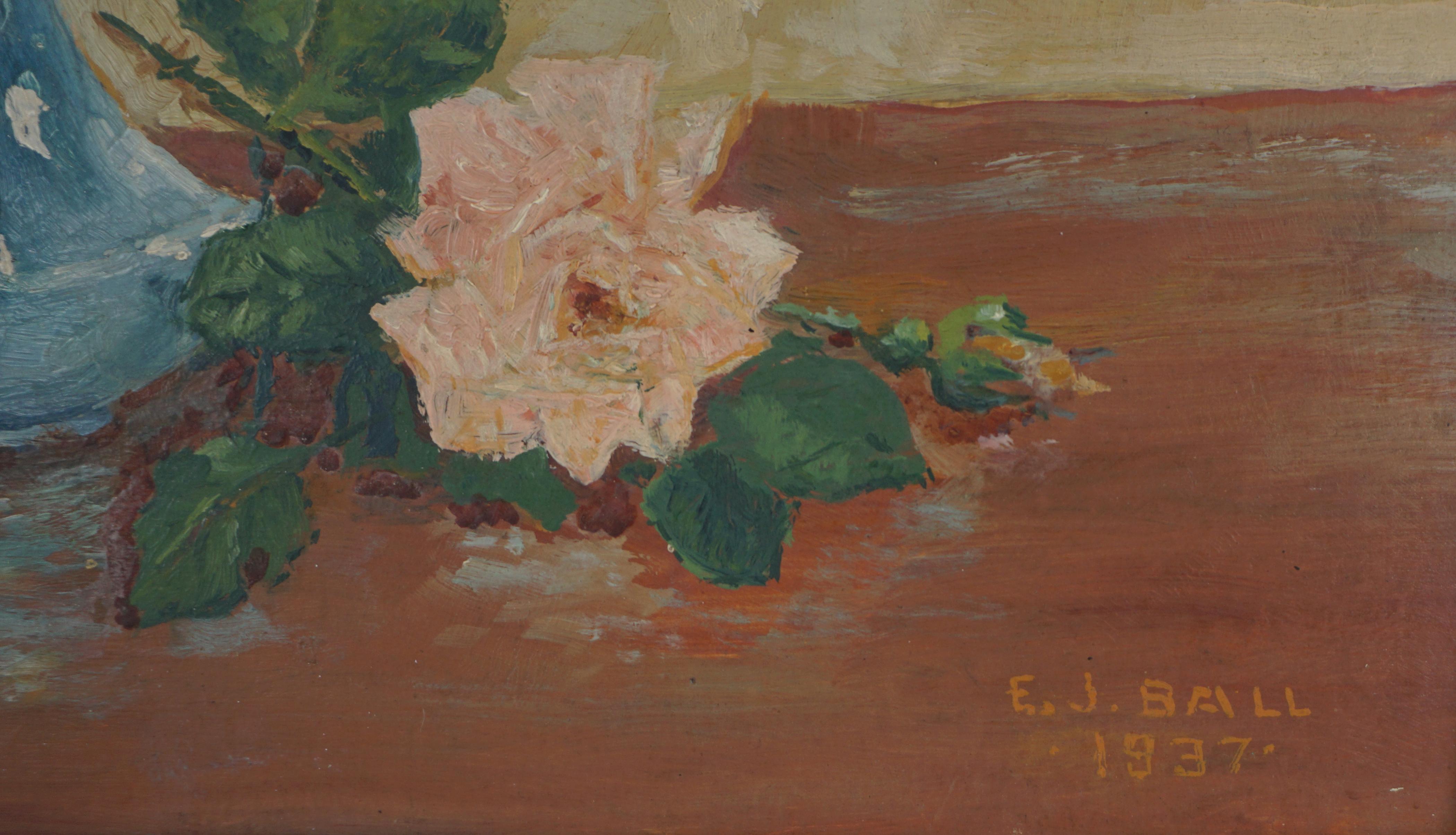 Art Deco Pink Roses in Blue Vase Original Oil Still Life Painting 2