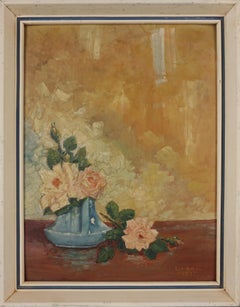 Rosa Rosen im Art déco-Stil in blauer Vase, Original Öl-Stilllebengemälde