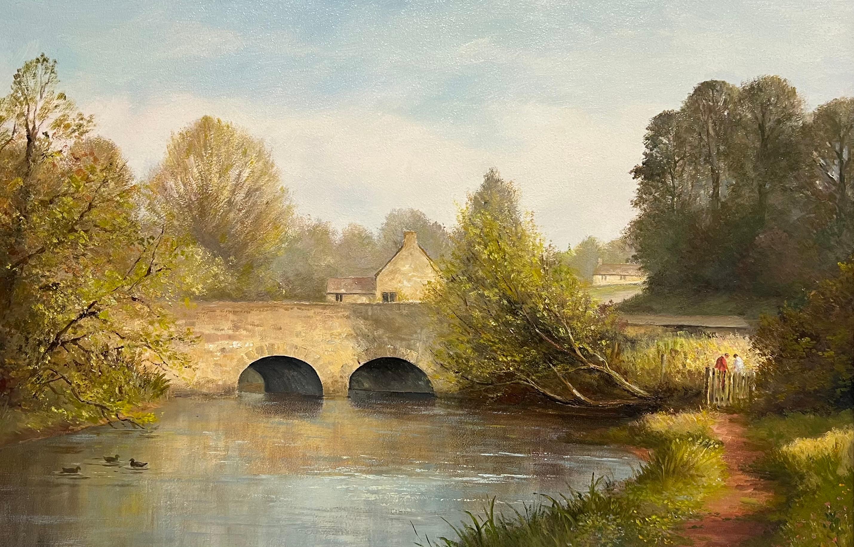 Großes traditionelles englisches ländliches Ölgemälde Flusslandschaft Alte Steinbrücke – Painting von E. J. Wilson