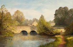 Large Traditional English Rural Oil Painting River Landscape Old Stone Bridge