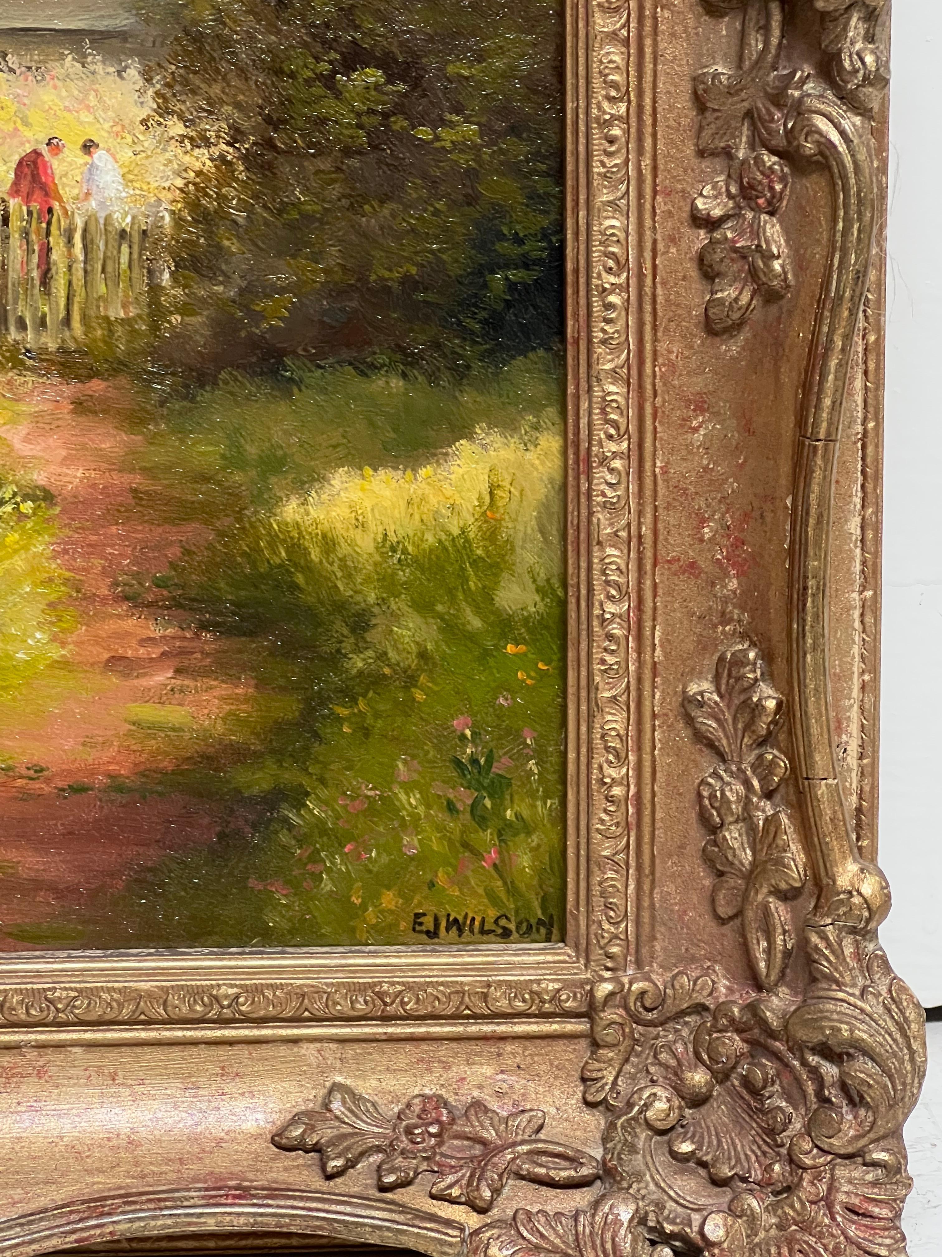 Großes traditionelles englisches ländliches Ölgemälde Flusslandschaft Alte Steinbrücke (Braun), Landscape Painting, von E. J. Wilson