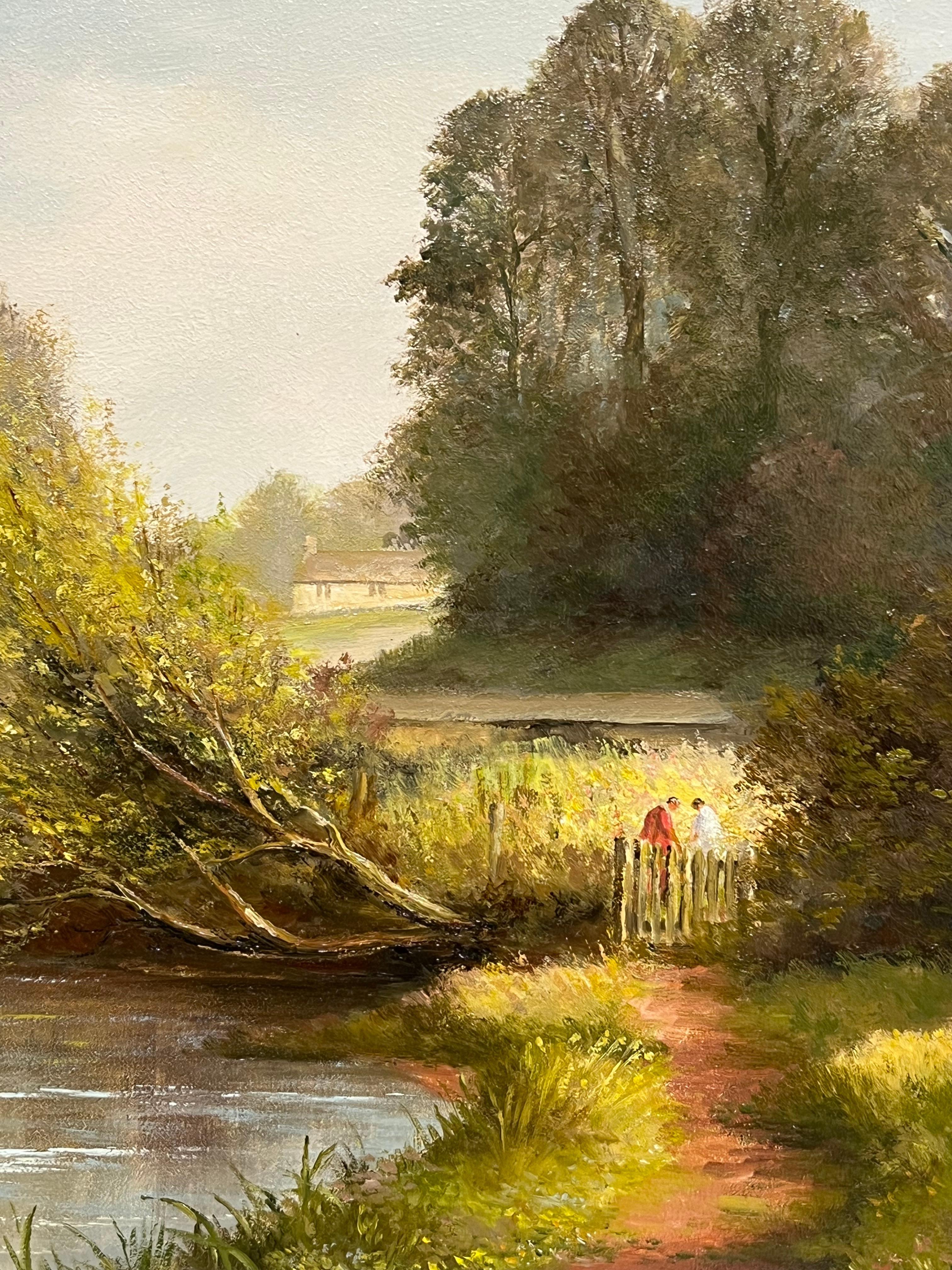Großes traditionelles englisches ländliches Ölgemälde Flusslandschaft Alte Steinbrücke im Angebot 2