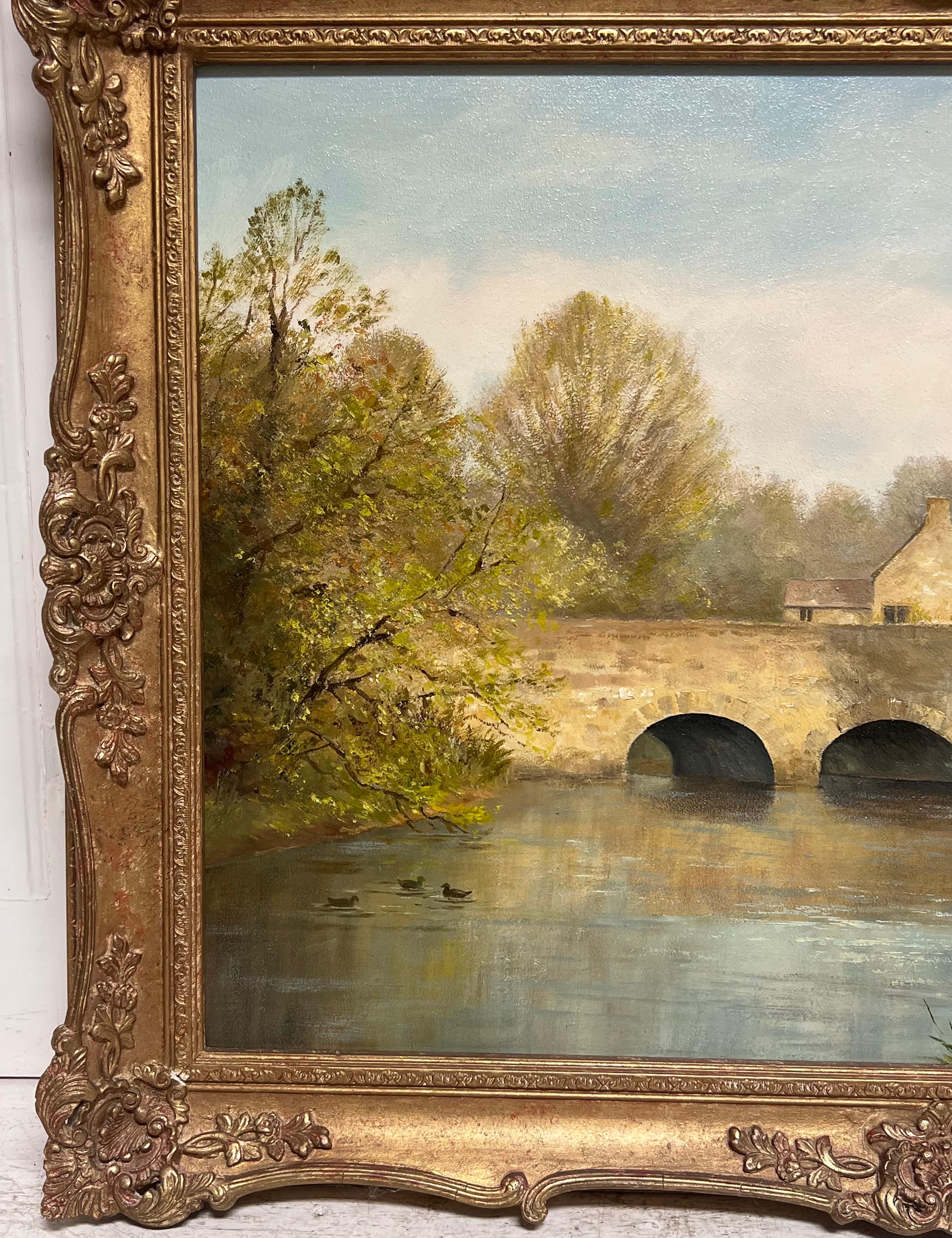 Großes traditionelles englisches ländliches Ölgemälde Flusslandschaft Alte Steinbrücke im Angebot 3