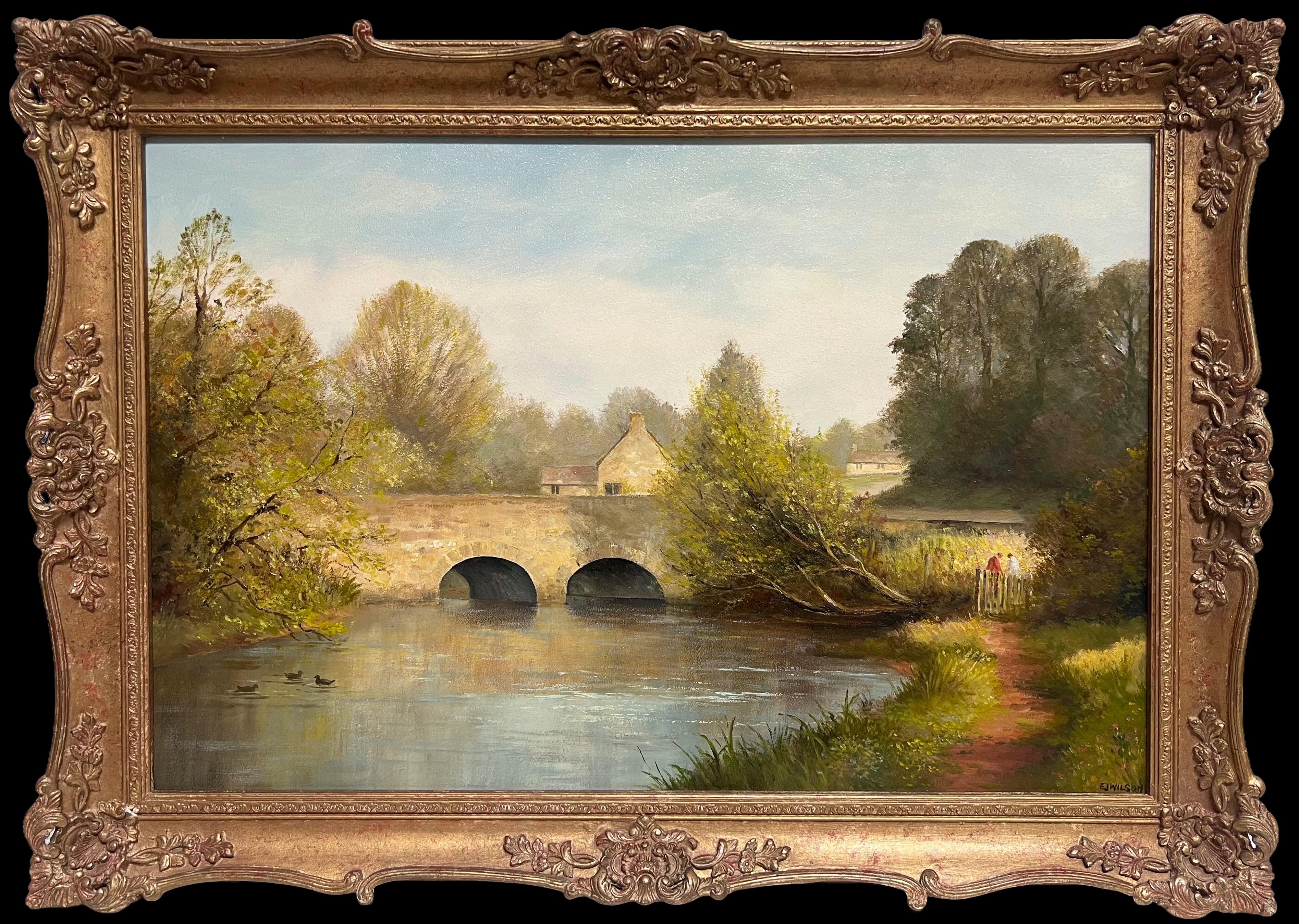 Large Traditional English Rural Oil Painting River Landscape Old Stone Bridge