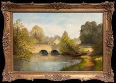 Large Traditional English Rural Oil Painting River Landscape Old Stone Bridge