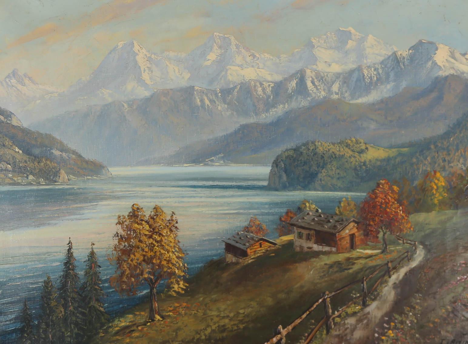 Eine beachtlich große Ölstudie einer dramatischen Schweizer Landschaft, gemalt mit atemberaubenden Ausblicken auf ein Flusstal und weiß gekappte Berge. Das Öl wurde vom Künstler in der rechten unteren Ecke signiert. Gut präsentiert in einem großen