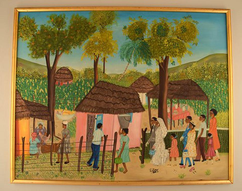 E. Jean, Haitian artist. Naivist school. Oil on board.
Wedding scene from Haiti, circa 1970s.
Signed.
In very good condition.
The board measures: 75.5 x 60 cm. The frame measures: 1.5 cm.