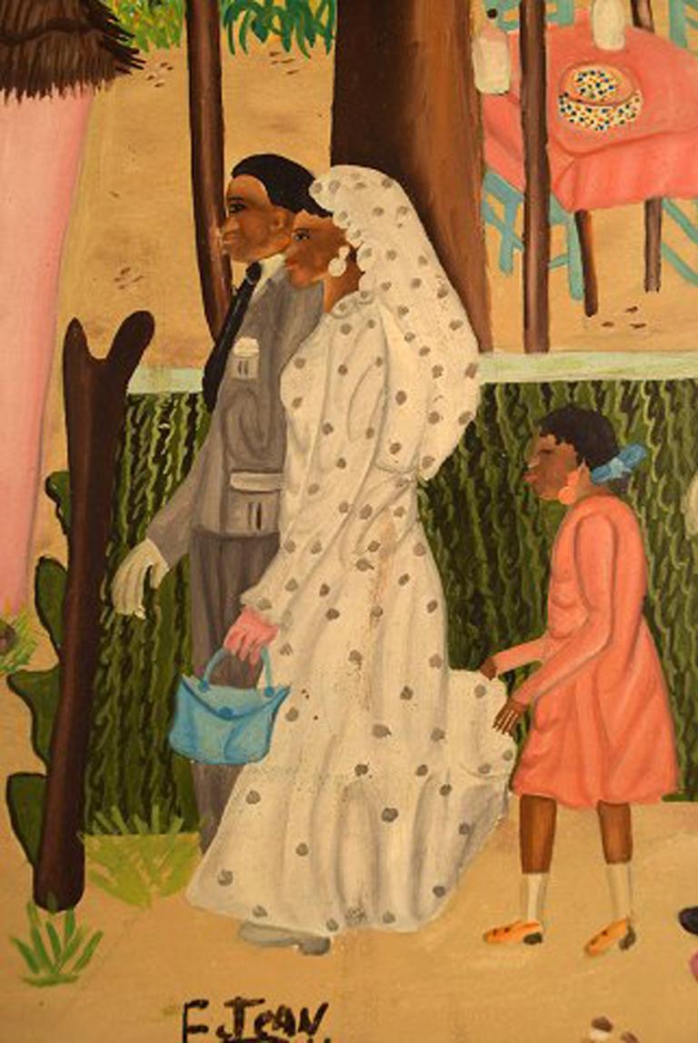 Late 20th Century E. Jean, Haitian Artist, Naivist School, Oil on Board, Wedding Scene from Haiti