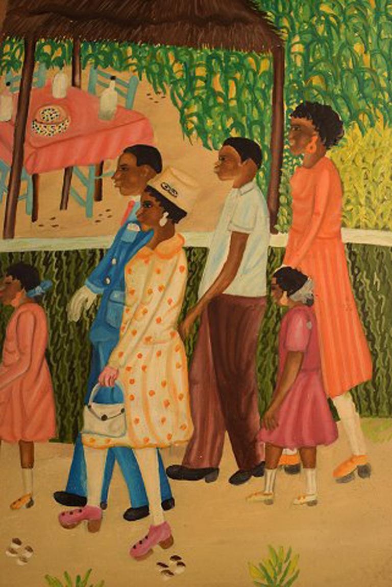 E. Jean, Haitian Artist, Naivist School, Oil on Board, Wedding Scene from Haiti 2