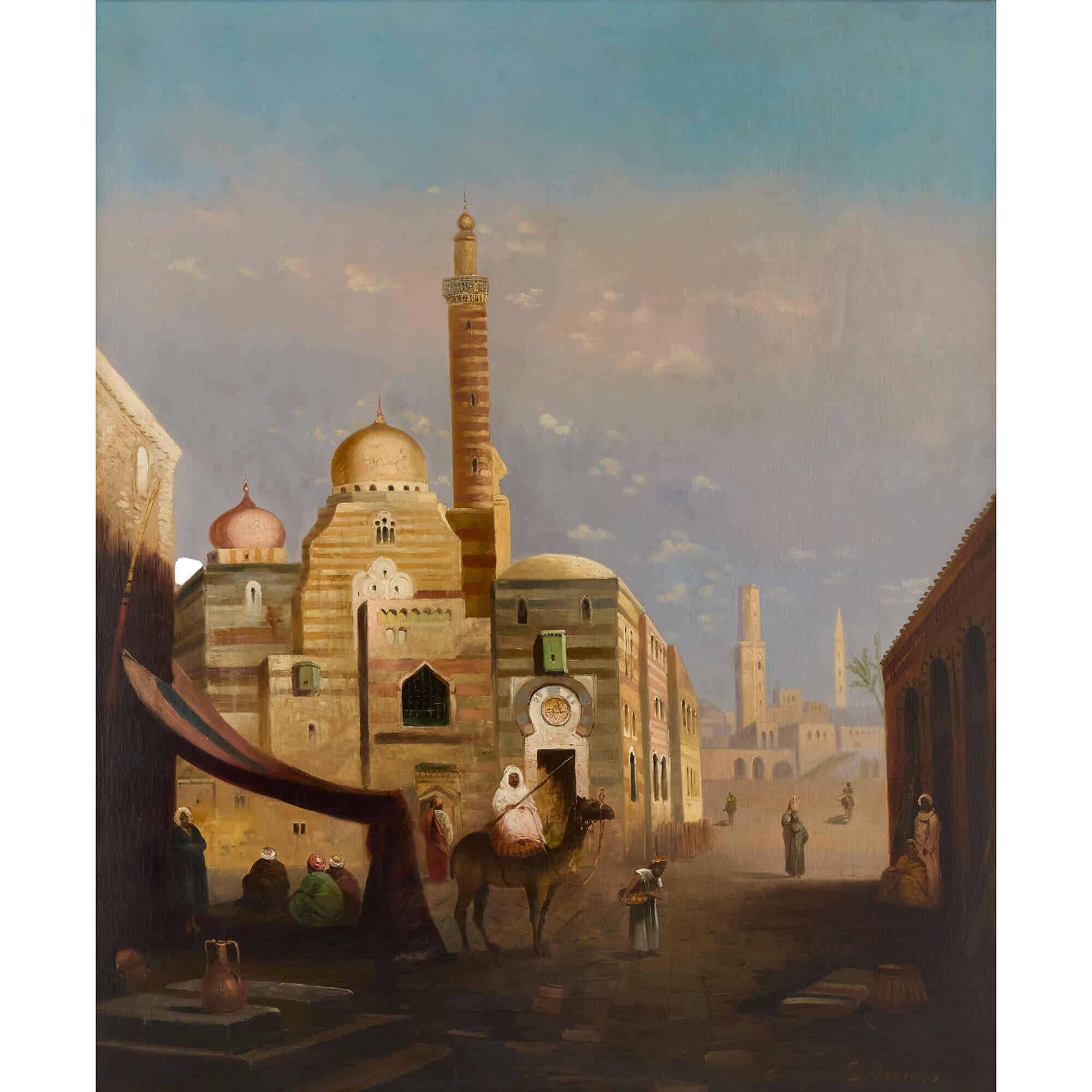 Sehr große antike orientalistische figurative Ölgemälde Straßenszene E. Jeel im Angebot 1