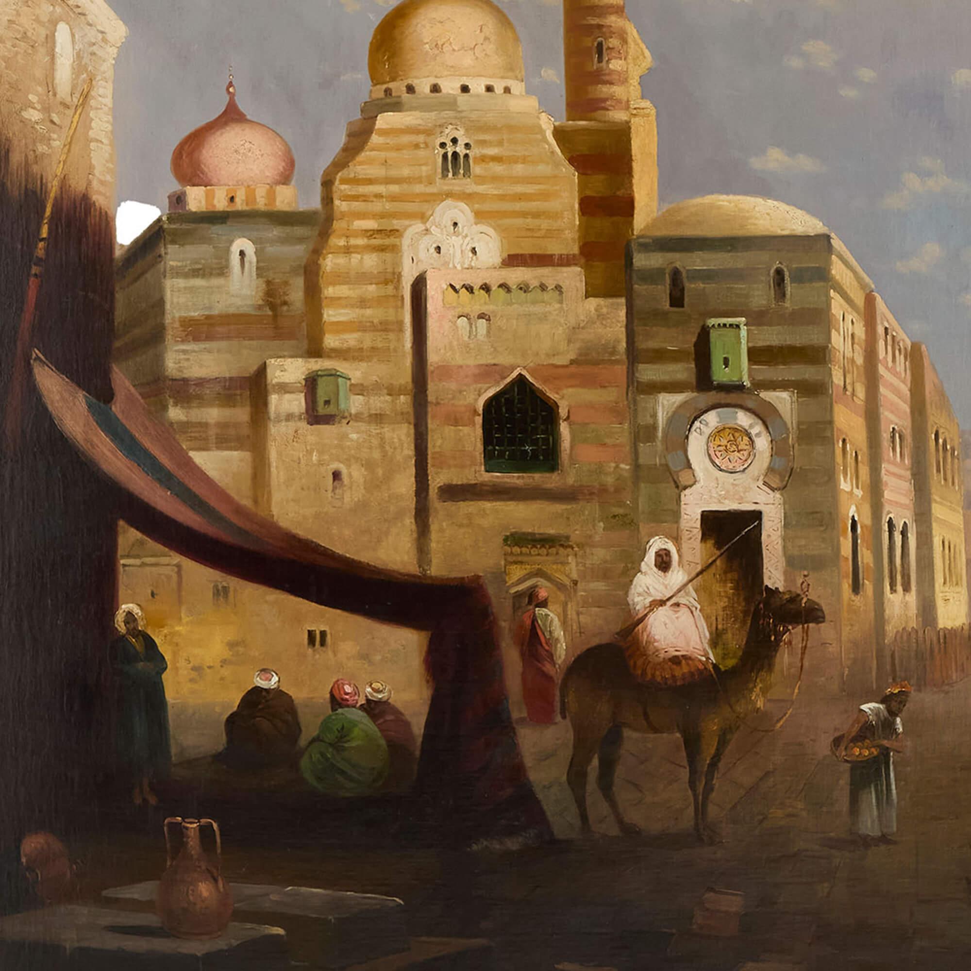 Sehr große antike orientalistische figurative Ölgemälde Straßenszene E. Jeel im Angebot 2
