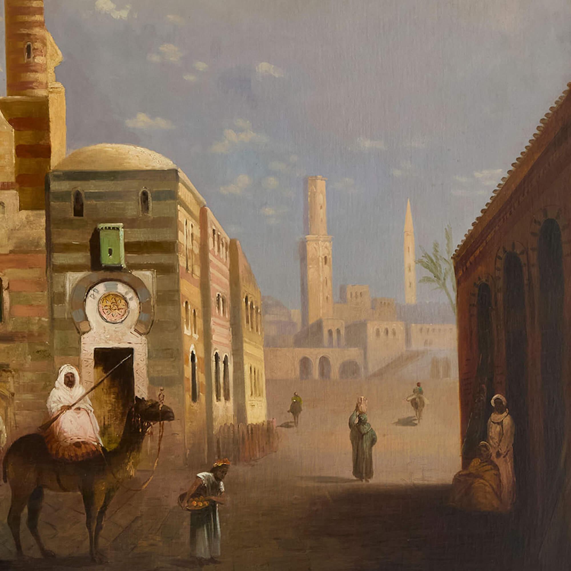 Sehr große antike orientalistische figurative Ölgemälde Straßenszene E. Jeel im Angebot 3