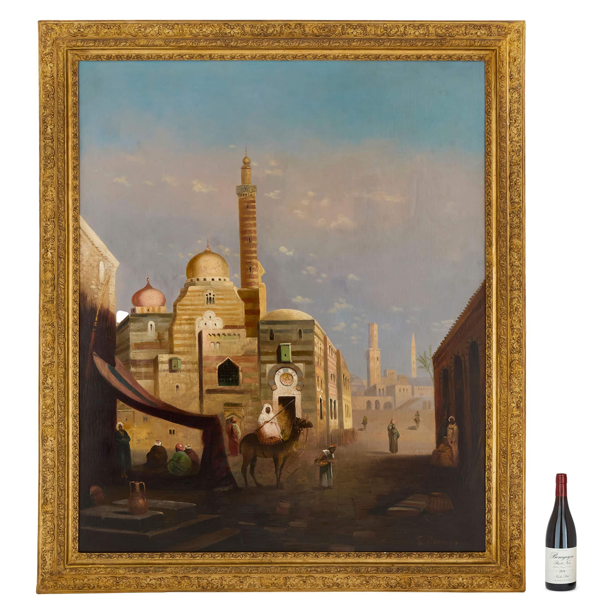 Sehr große antike orientalistische figurative Ölgemälde Straßenszene E. Jeel im Angebot 5