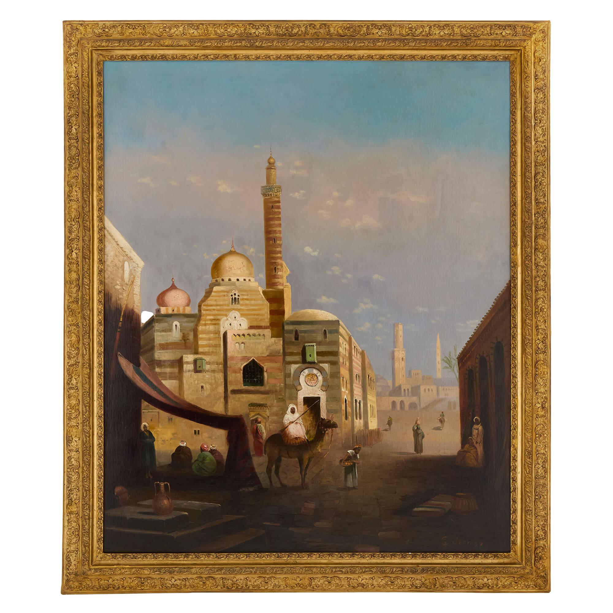 Sehr große antike orientalistische figurative Ölgemälde Straßenszene E. Jeel 
Kontinental, 1894
Leinwand: Höhe 139cm, Breite 113cm
Rahmen: Höhe 159cm, Breite 133cm, Tiefe 6cm

Dieses 1894 von dem Künstler E. Jeel geschaffene, detailreiche Ölgemälde