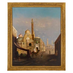 Very Large Antique Orientalist Figurative Oil Painting Street Scene E. Jeel