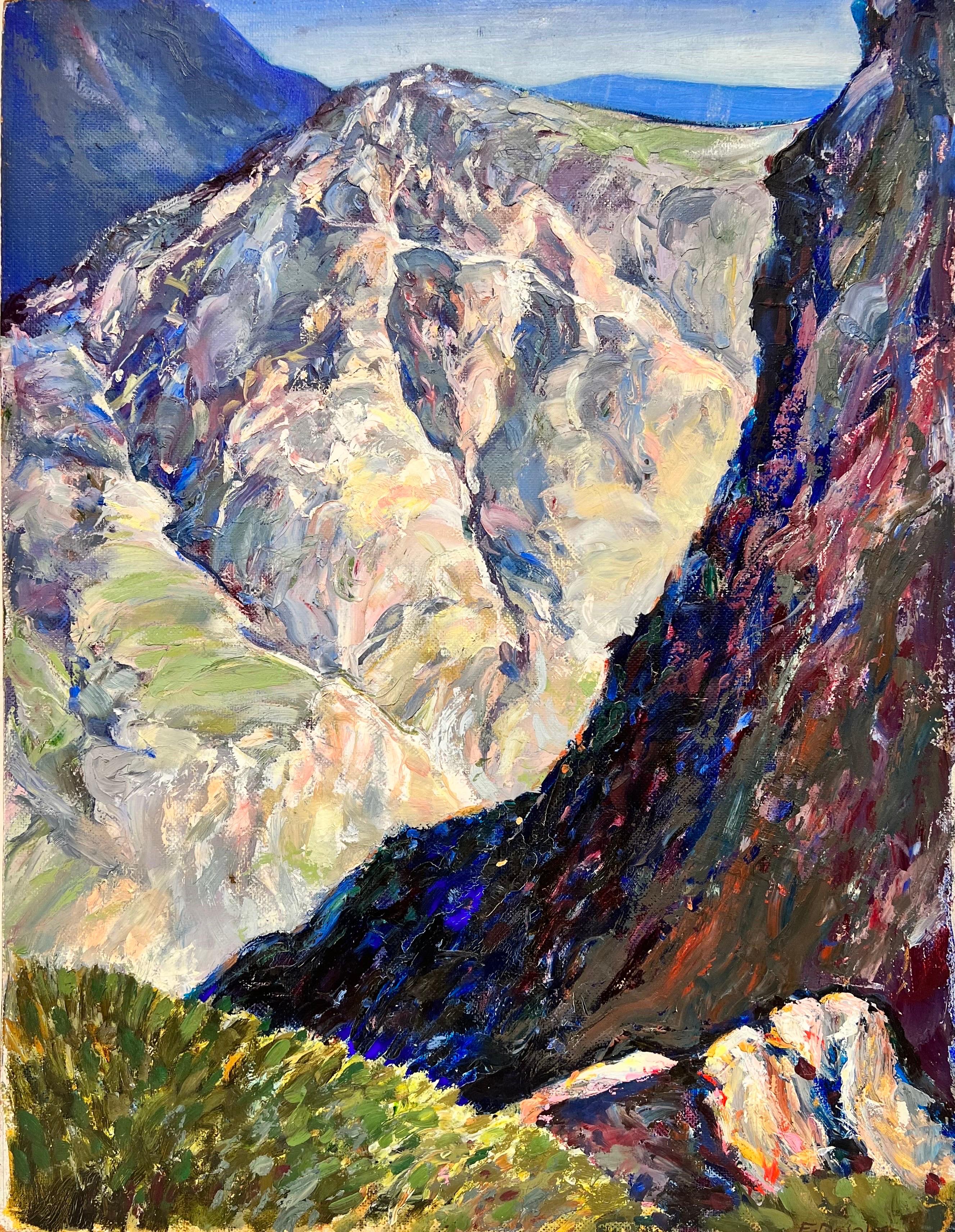 Landscape Painting di E. Johnson - Drammatica vista rocciosa della catena montuosa del Distretto dei Laghi, colori bellissimi Olio del 1950