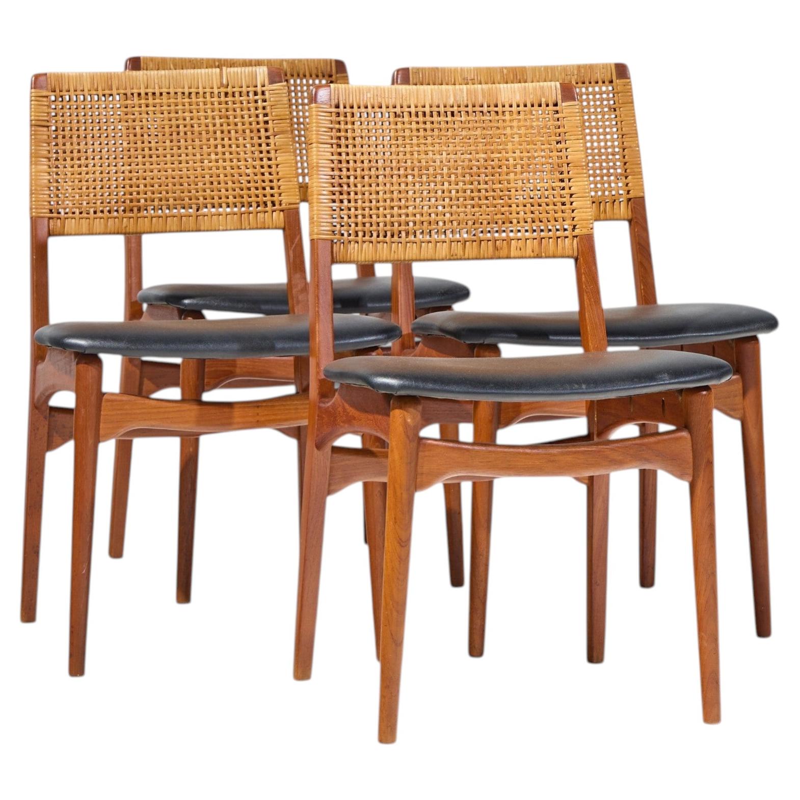 E. Knudsen für Jensen & Lykkegaard, Modell 47, Esszimmerstühle aus Teakholz und Rattan – 4er-Set