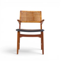 E. Knudsen for Jensen & Lykkegaard Model 48 Danish Teak, Cane Dining Arm Chair