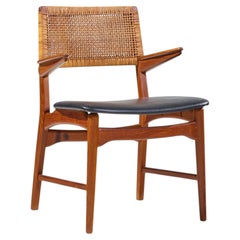 E. Knudsen for Jensen & Lykkegaard Model 48 Danish Teak, Cane Dining Arm Chair