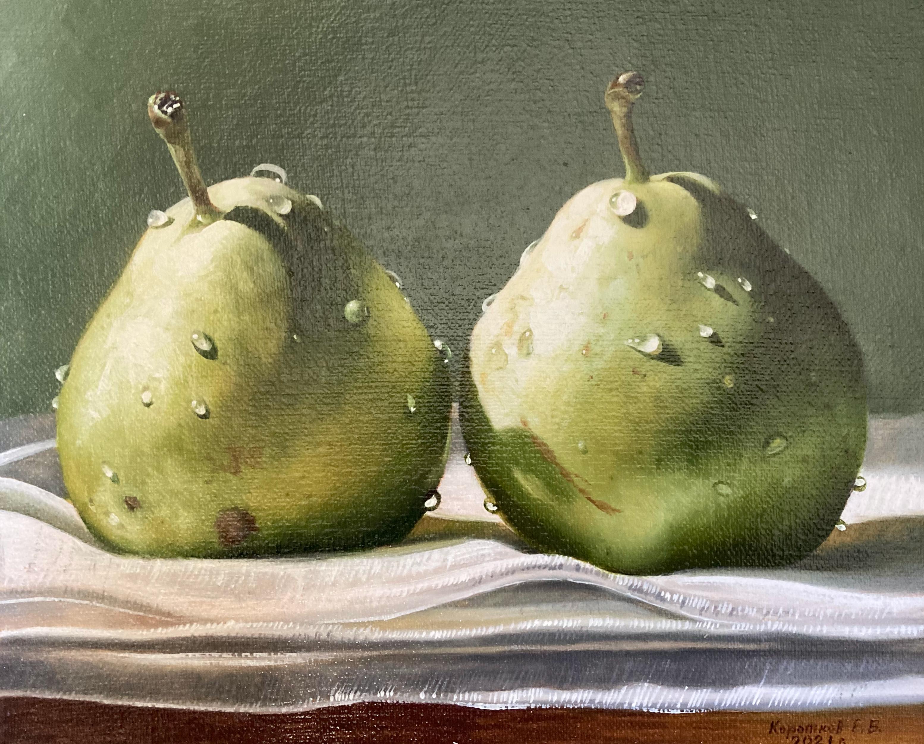 Still-Life Painting de E. Korotkov - Peras (Pequeño bodegón contemporáneo pintado al óleo)