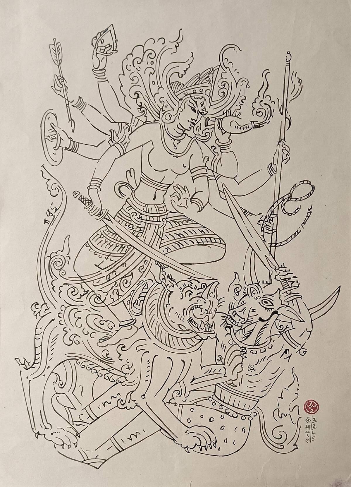 E. Kumaril Swamy - Mahishasur Mardini
Watercolour on Nepali Paper
22 x 15 Inches, 1945
(Framed 
Delivered)

E. Kumaril Swamy’s Mahishasur Mardini is a striking synthesis of mythic narrative and modernist line, rendered with the delicacy and