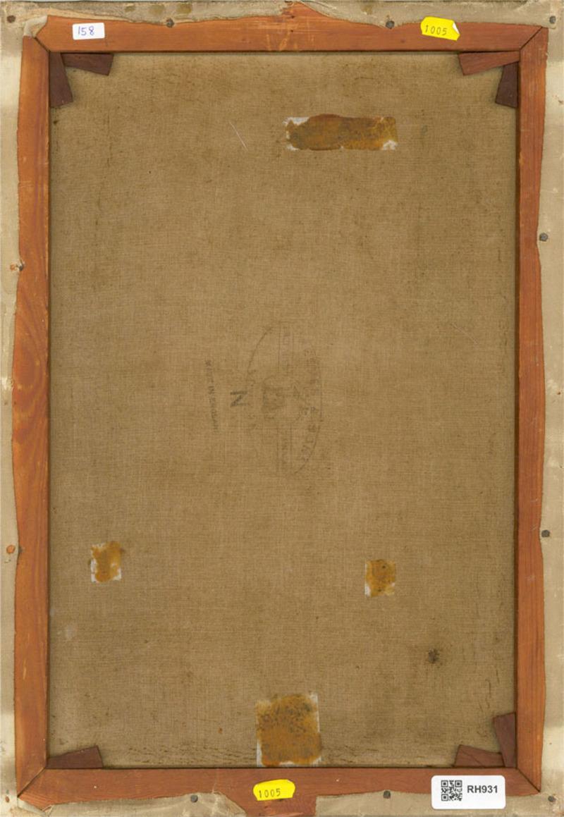 A highly unusual and well executed study of a bas relief sculpture of the Madonna and Child. The artist has signed to the lower right corner and the painting is on canvas over stretchers. There is a canvas stamp to the reverse, dating this painting