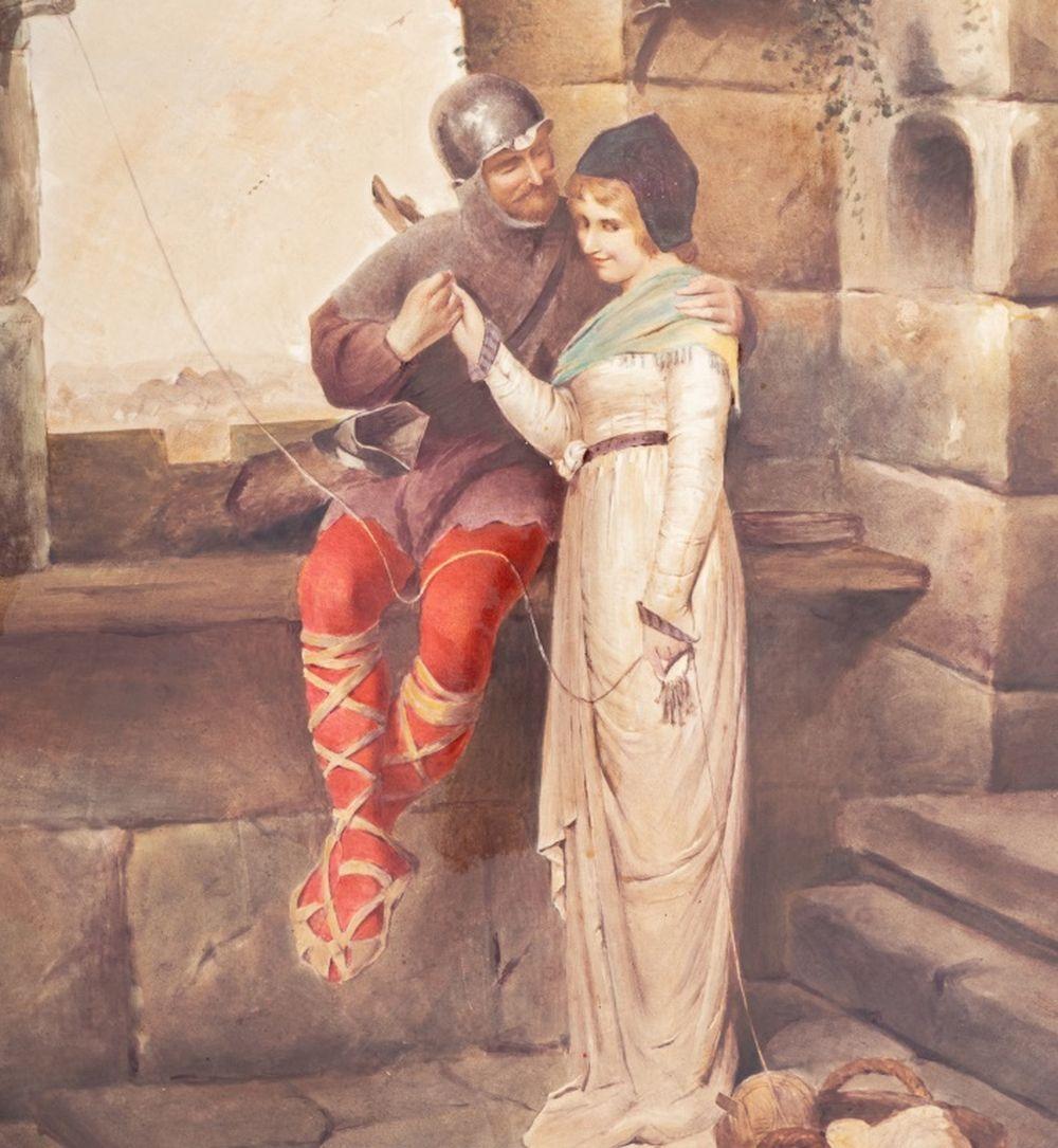 E. La Fontaine (French, XIX) Hand-Painted Porcelain Charger, late 19th century, depicting a medieval archer and a maiden on a castle rampart, signed 