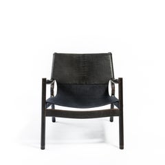 EÆ Slung Leather Lounge Chair in Bison/ Navy Nubuck Leather with Charred Oak