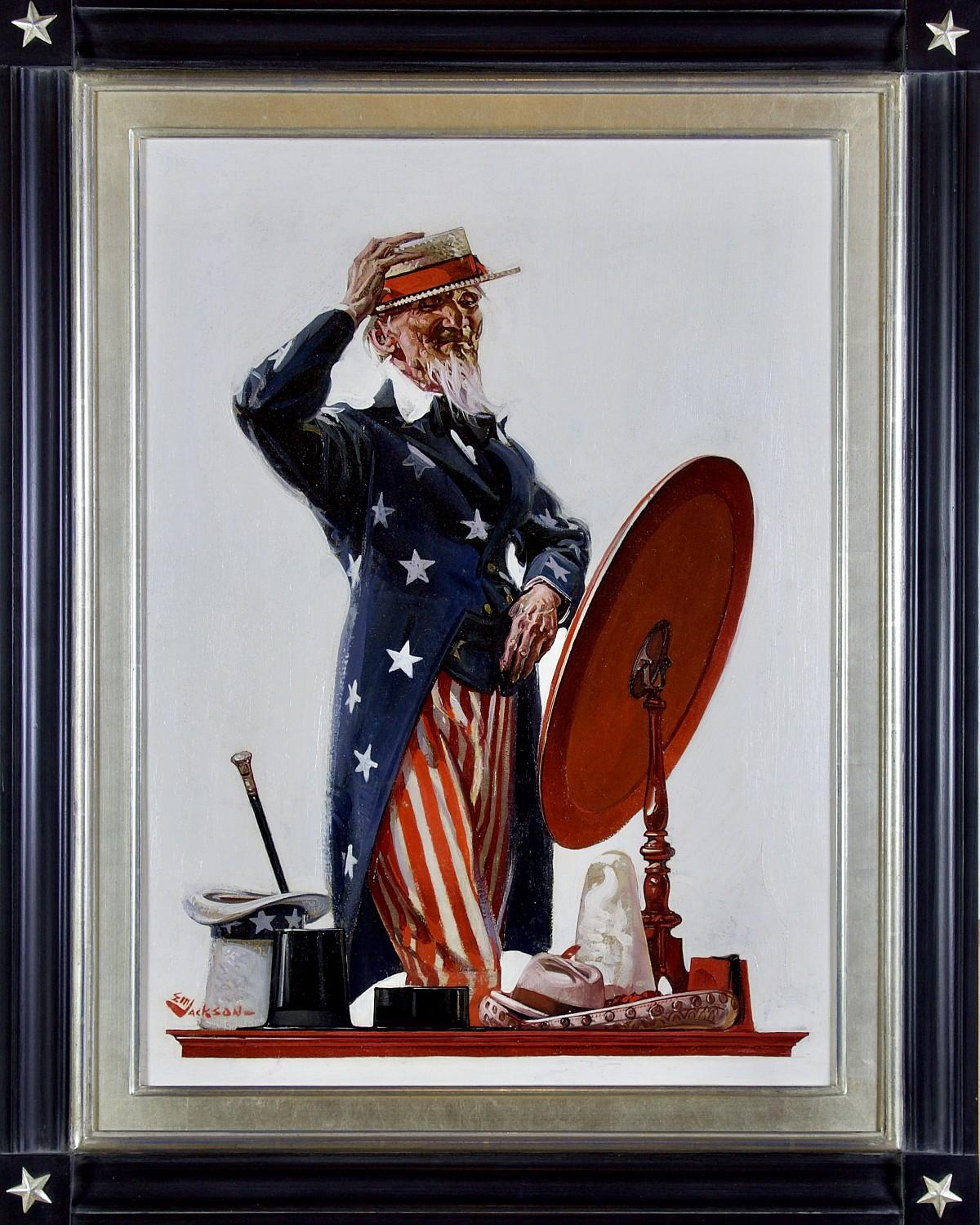 Original cover for The Saturday Evening Post, published May 12, 1923.

A patriotic illustration of Uncle Sam trying on hats in front of a mirror. Housed in a custom frame with stars at each corner.

Artwork Dimensions: 28