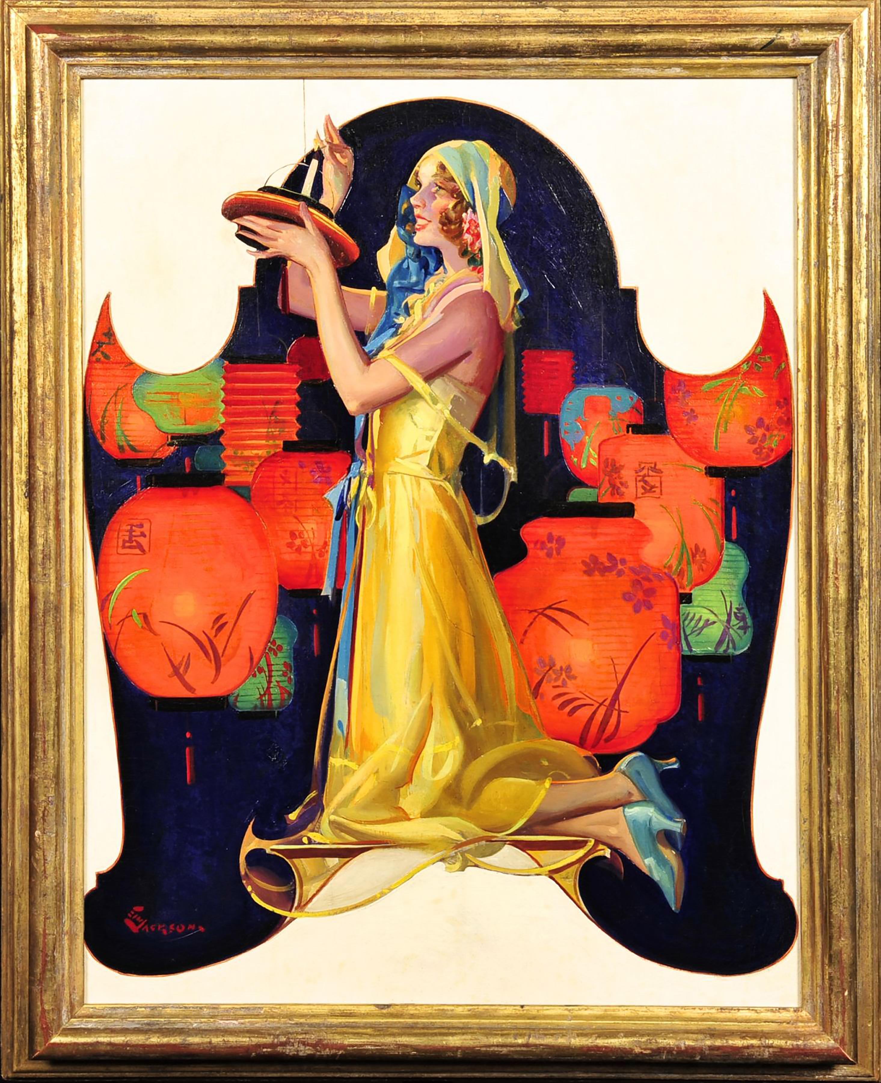 Mujer arrodillada con farolillos japoneses - Painting de E.M. Jackson