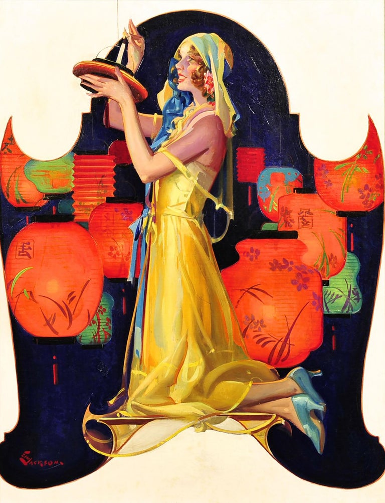 E.M. Jackson Figurative Painting - Woman Kneeling With Japanese Lanterns