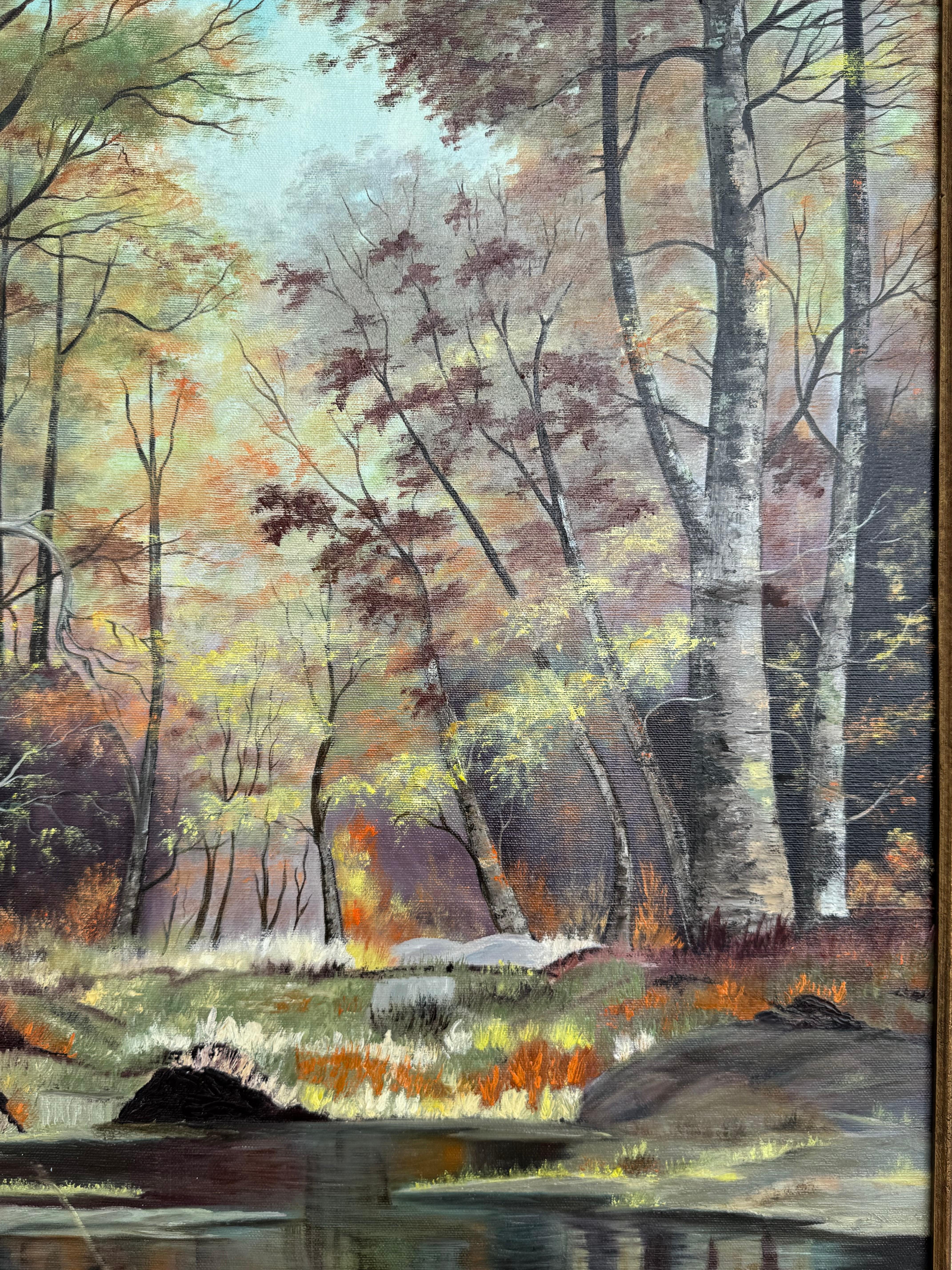 E. M. Poteet ist ein texanischer Landschaftsmaler.
Dies ist eine bewaldete Waldsee-Szene, die in Acryl auf Leinwand gemalt wurde.
Das Gemälde ist 30