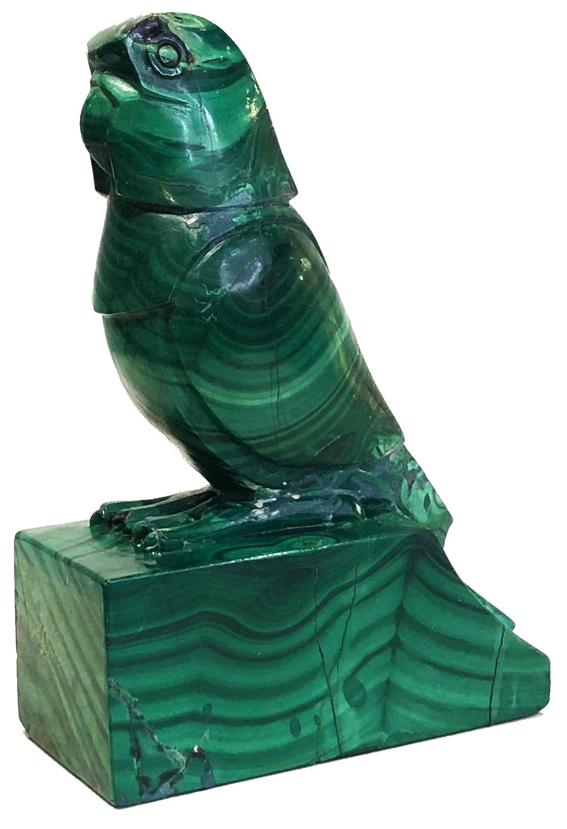 É. M. Sandoz, Kubistische Art-Déco-Skulptur eines Papageis aus geschnitztem Malachit, ca. 1920er Jahre (Art déco) im Angebot
