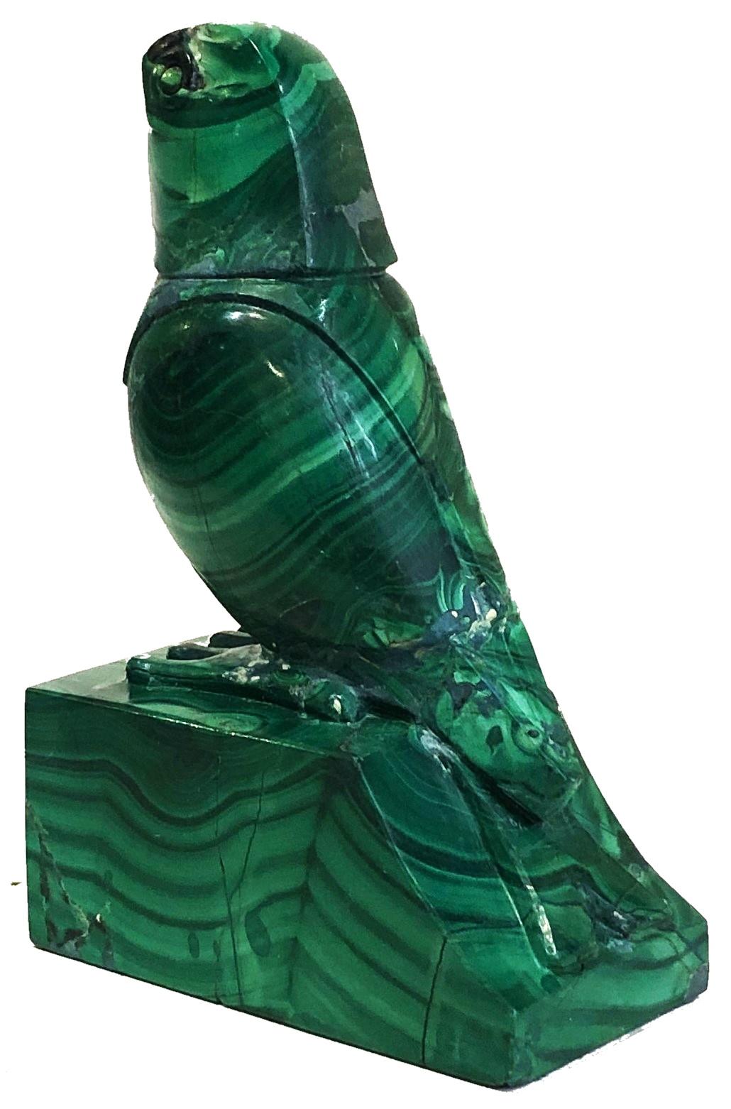 É. M. Sandoz, Art Deco Cubist Sculpture of Parrot in Carved Malachite, ca. 1920s In Fair Condition For Sale In New York, NY