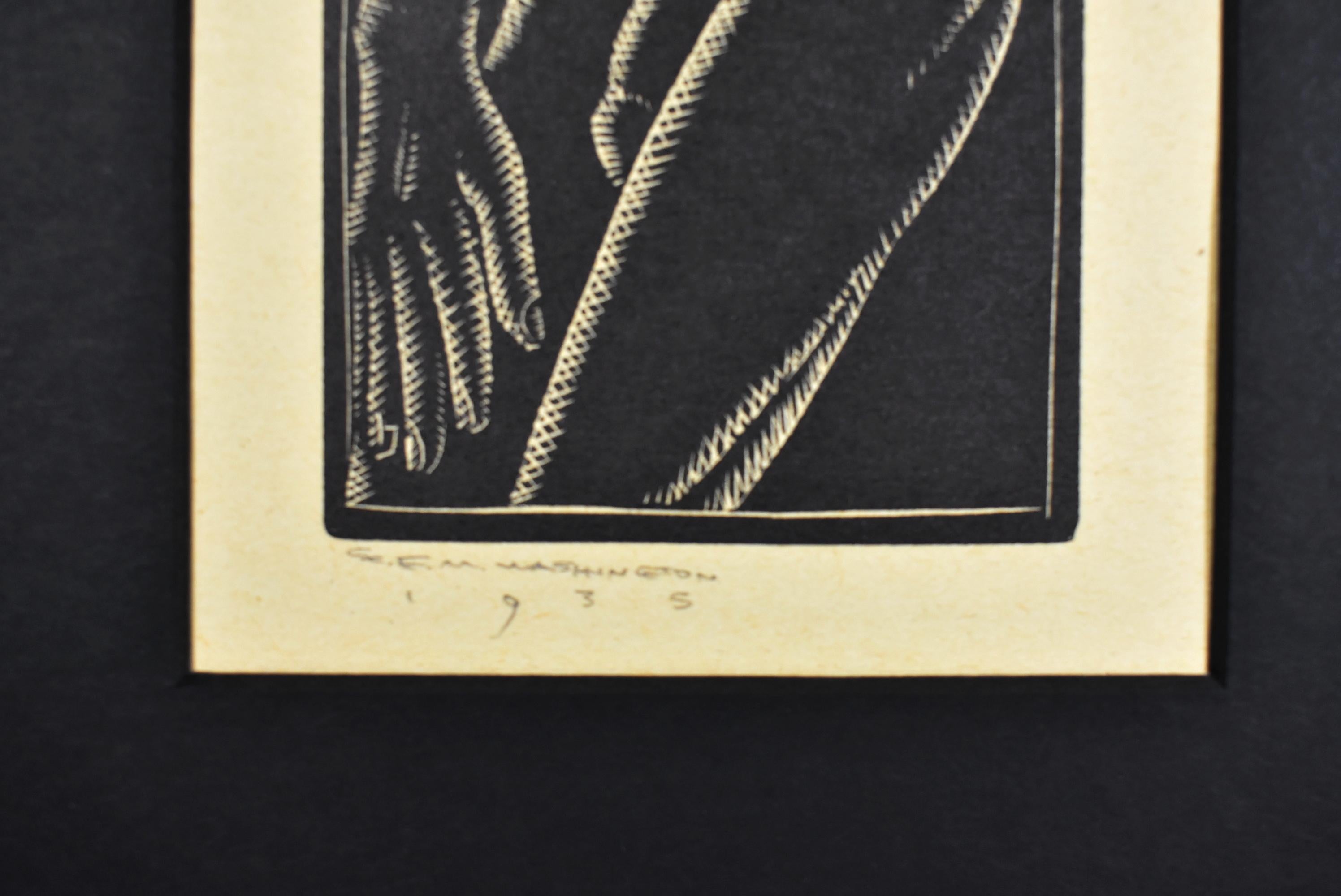 E.M. Washington wood block print of a male nude. Signed and dated in pencil 1935. Image size is 3