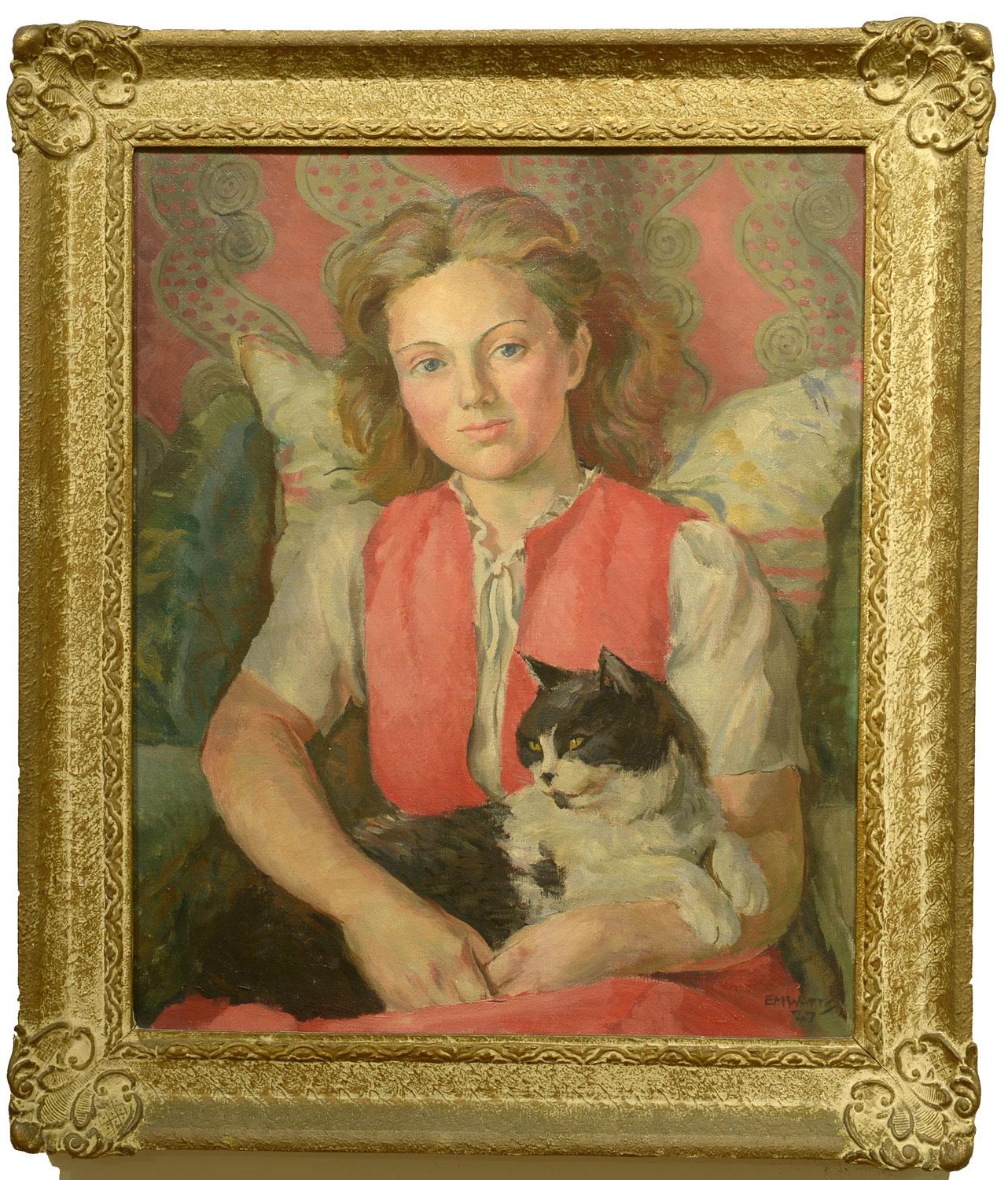 « A Girl with Her Cat, 1947 », EM Watts, huile sur toile, portrait - Painting de E. M. Watts