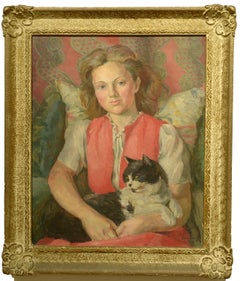"Una ragazza con il suo gatto, 1947", EM Watts, olio su tela, ritratto