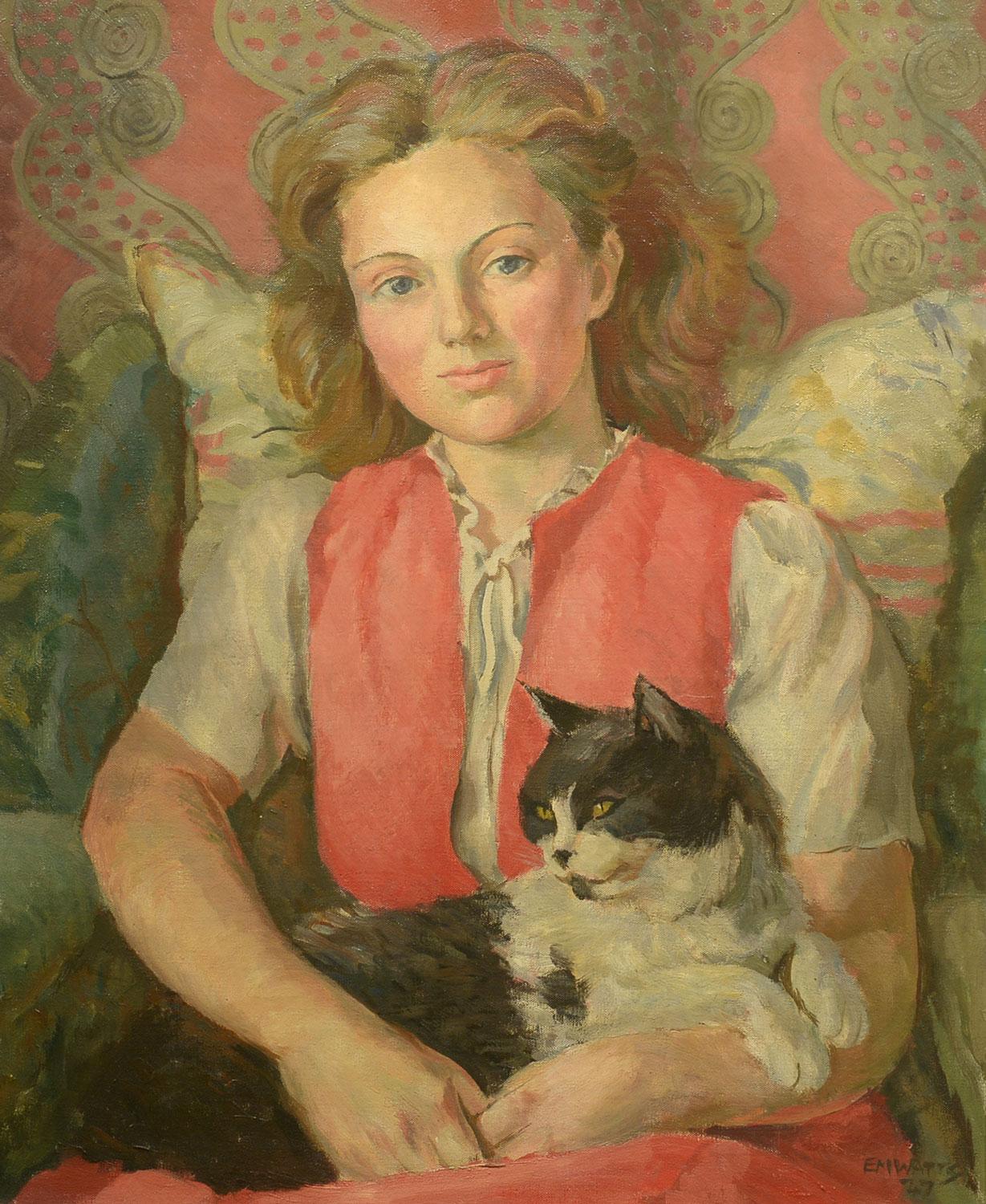 Animal Painting E. M. Watts - « A Girl with Her Cat, 1947 », EM Watts, huile sur toile, portrait