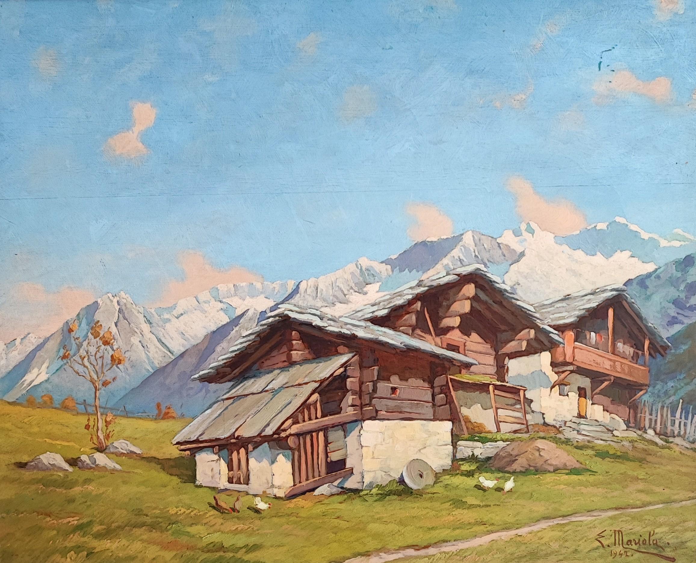 E. Mariola Landscape Painting - Paysage de montagne avec chalets