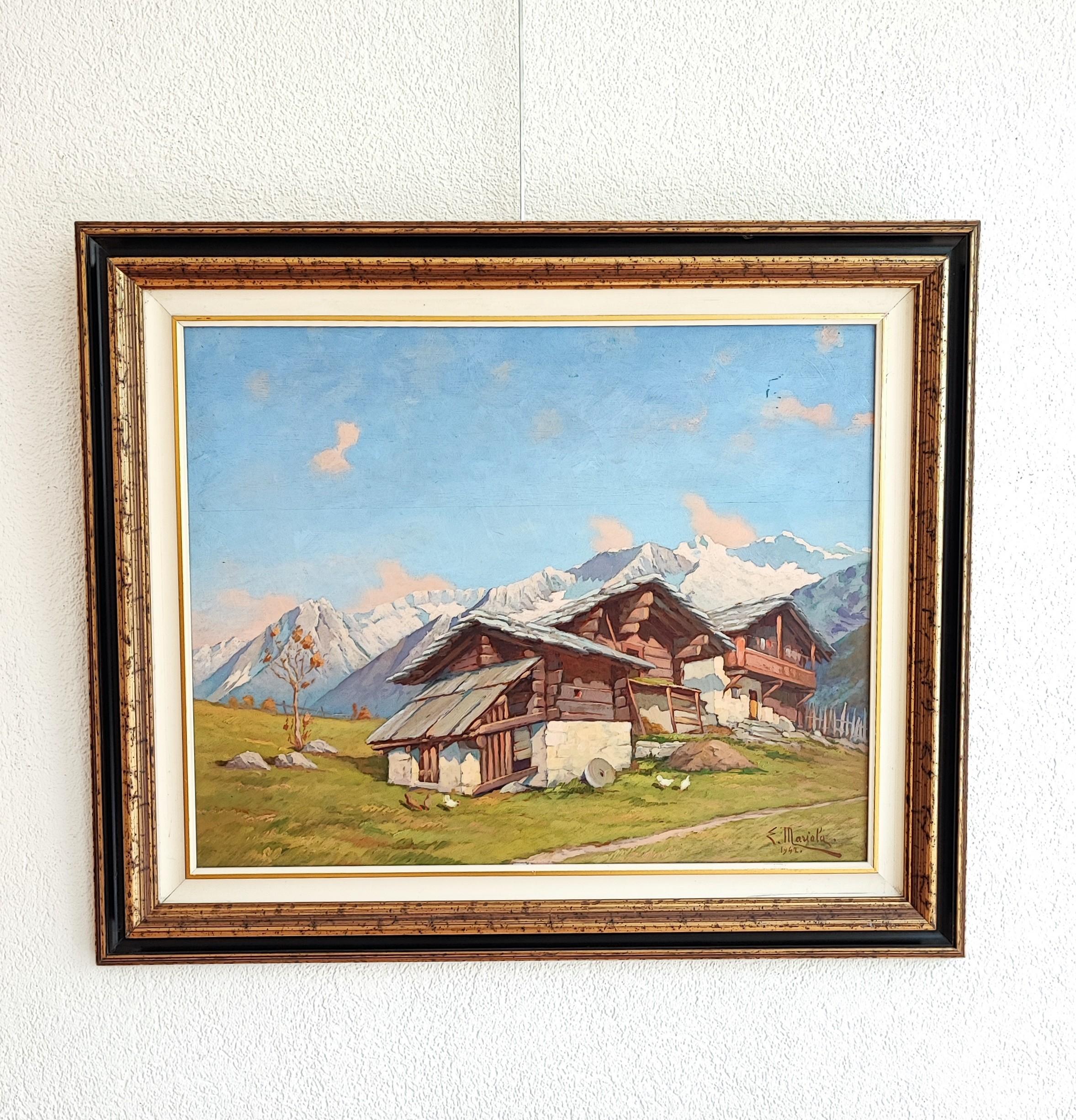 Paysage de montagne avec chalets - Painting by E. Mariola