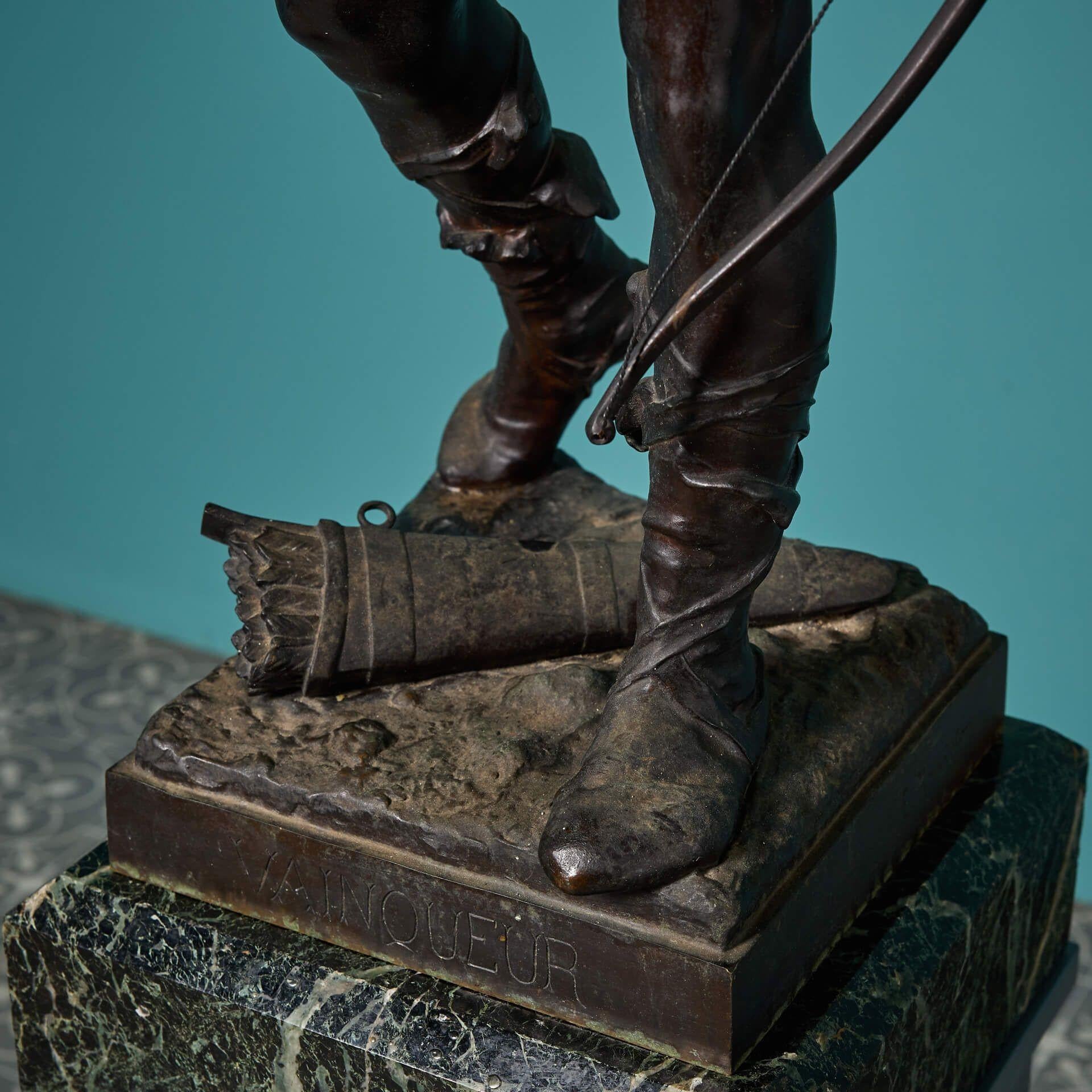 E. Marioton (1857-1933) 'Vainquer' Bronze Figure on Marble Base In Fair Condition For Sale In Wormelow, Herefordshire