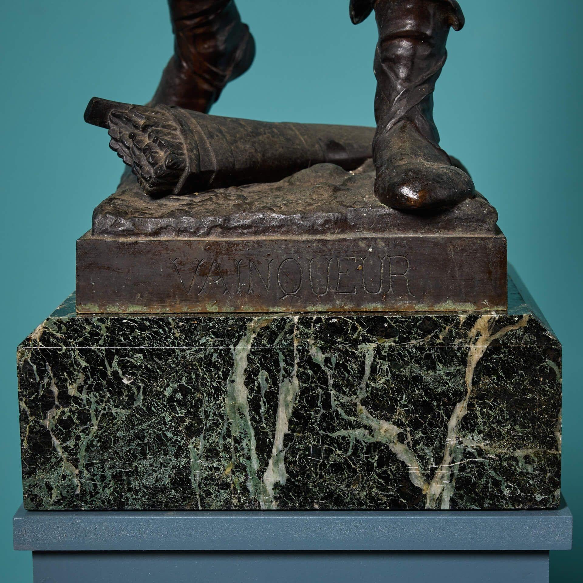 Metal E. Marioton (1857-1933) 'Vainquer' Bronze Figure on Marble Base For Sale
