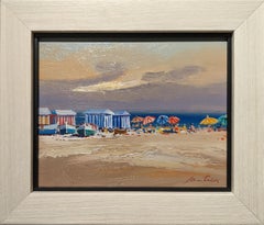 The Beach Huts" Zeitgenössische farbenfrohe Landschaftsmalerei von Strand und Meer