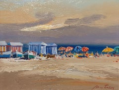 'Beach Huts' Contemporary colourful landscape painting of the beach, sea