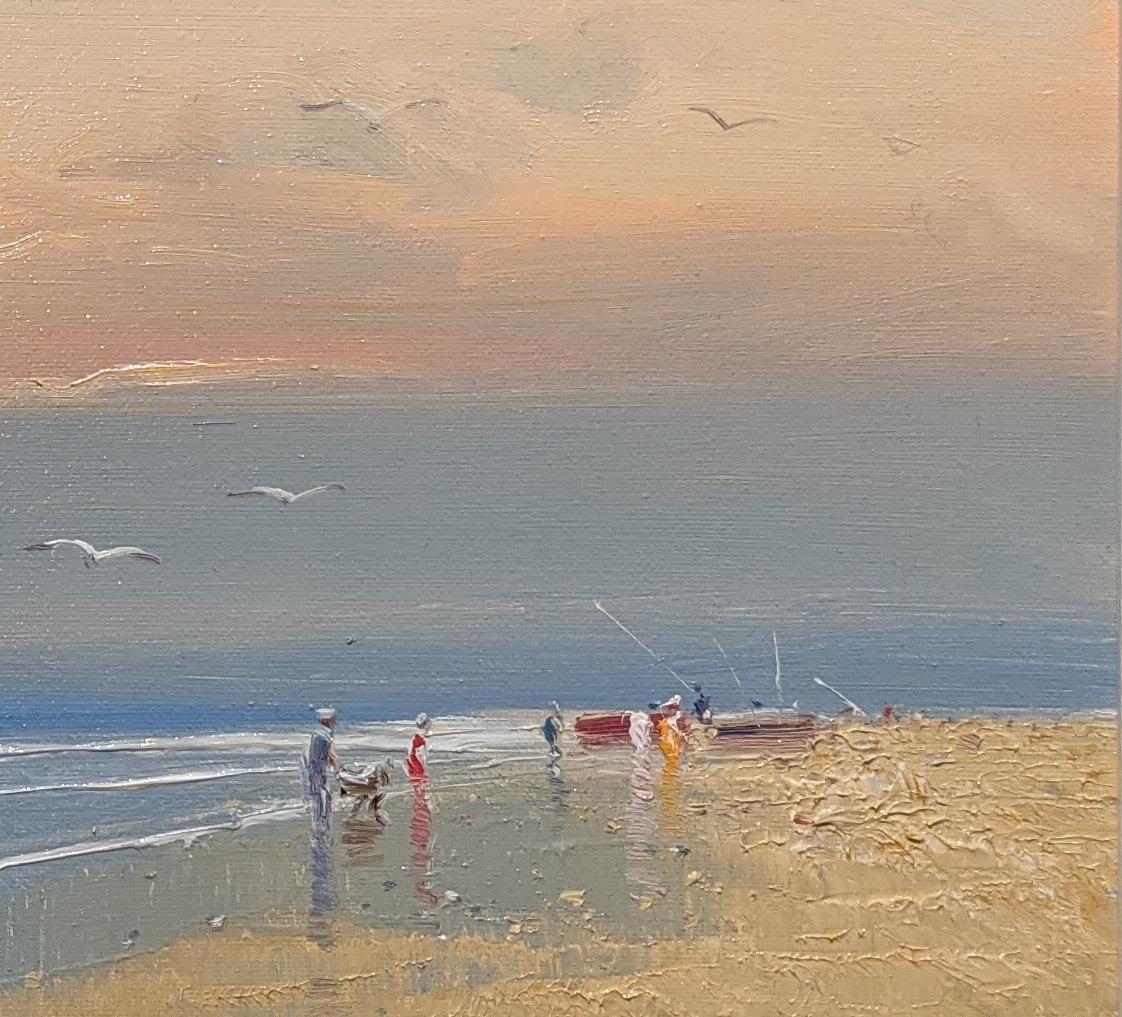 'An Evening Stroll' Peinture contemporaine de paysage de plage avec la mer, le sable et le ciel. - Contemporain Painting par E. Martinez