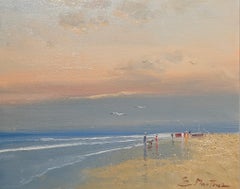 'An Evening Stroll' Contemporary beach landscape painting with sea, sand and sky