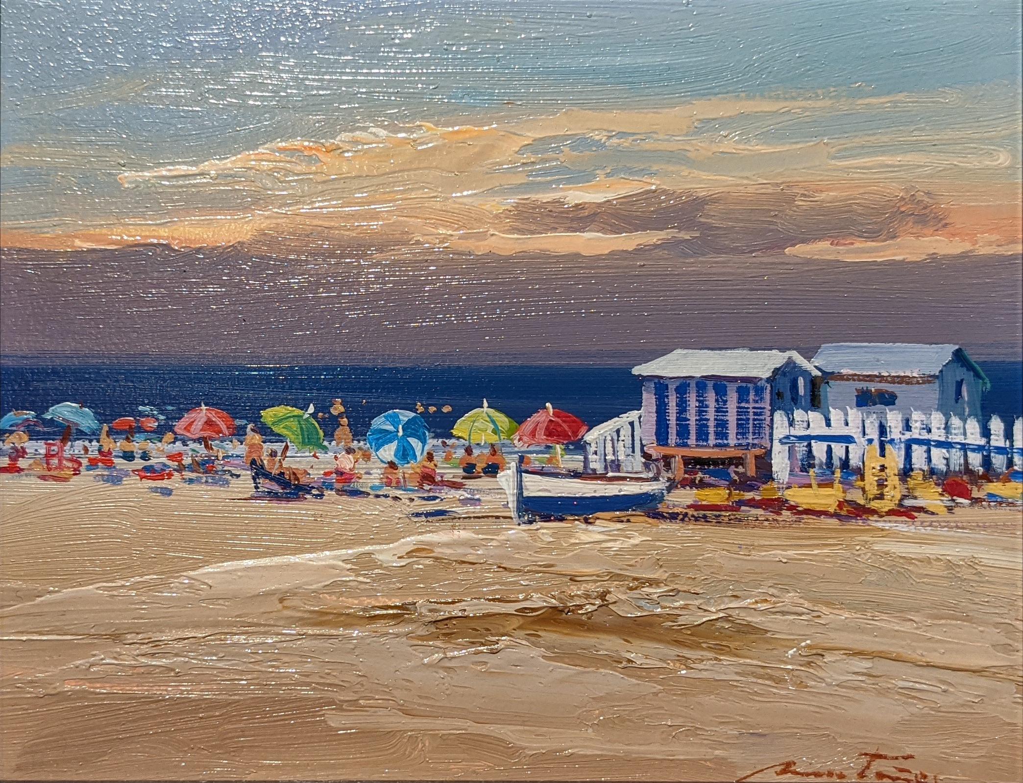 'Candy Parasols' Contemporary colourful beach landscape of parasols, sky & water - Painting by E. Martinez