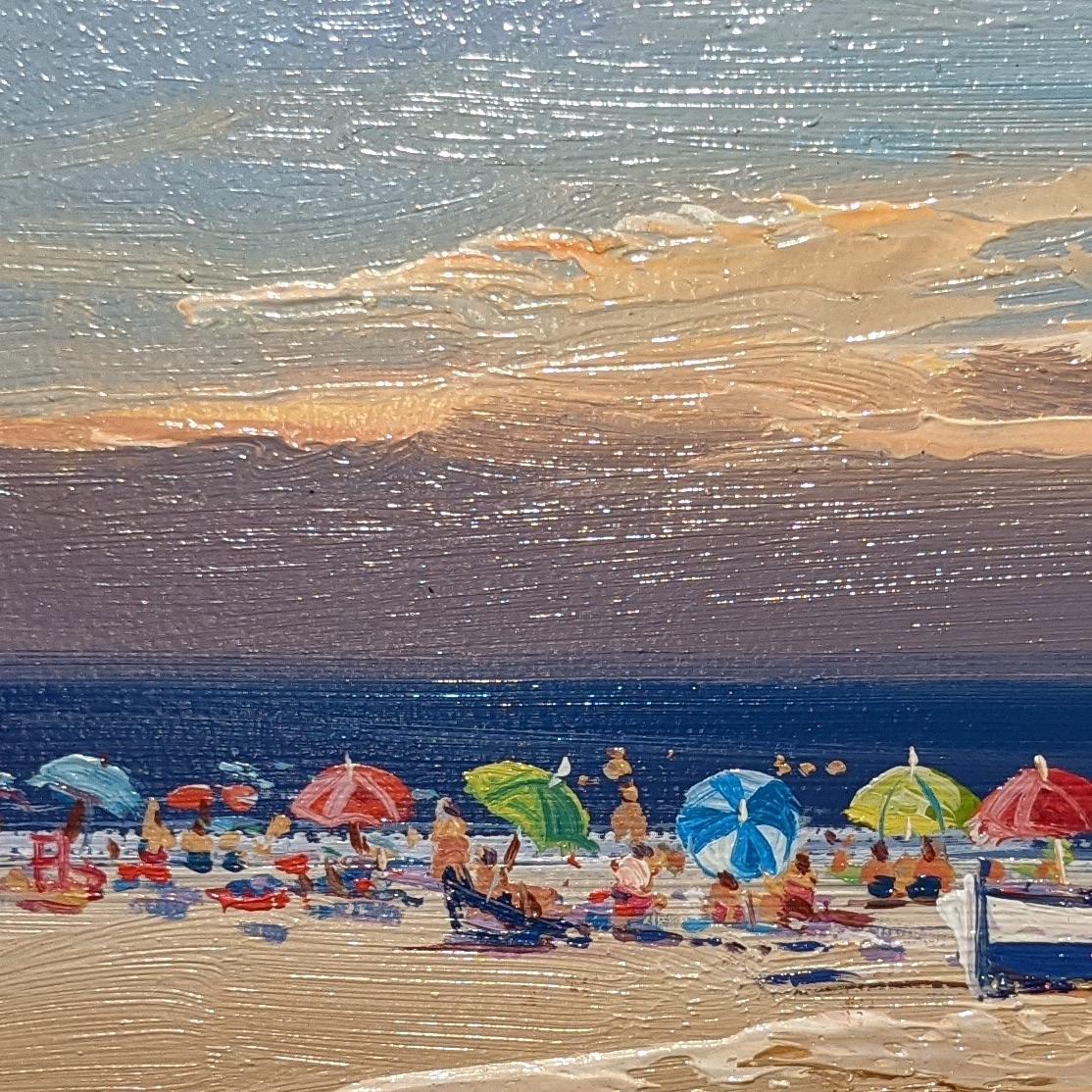 A warm and beautiful contemporary beach scene 'Candy Parasols' by E. Martinez. This stunning seascape has a soft and natural colour palette, pale blues and earthy cool tones are subtle and mellow. Interesting textures create a warm and balanced