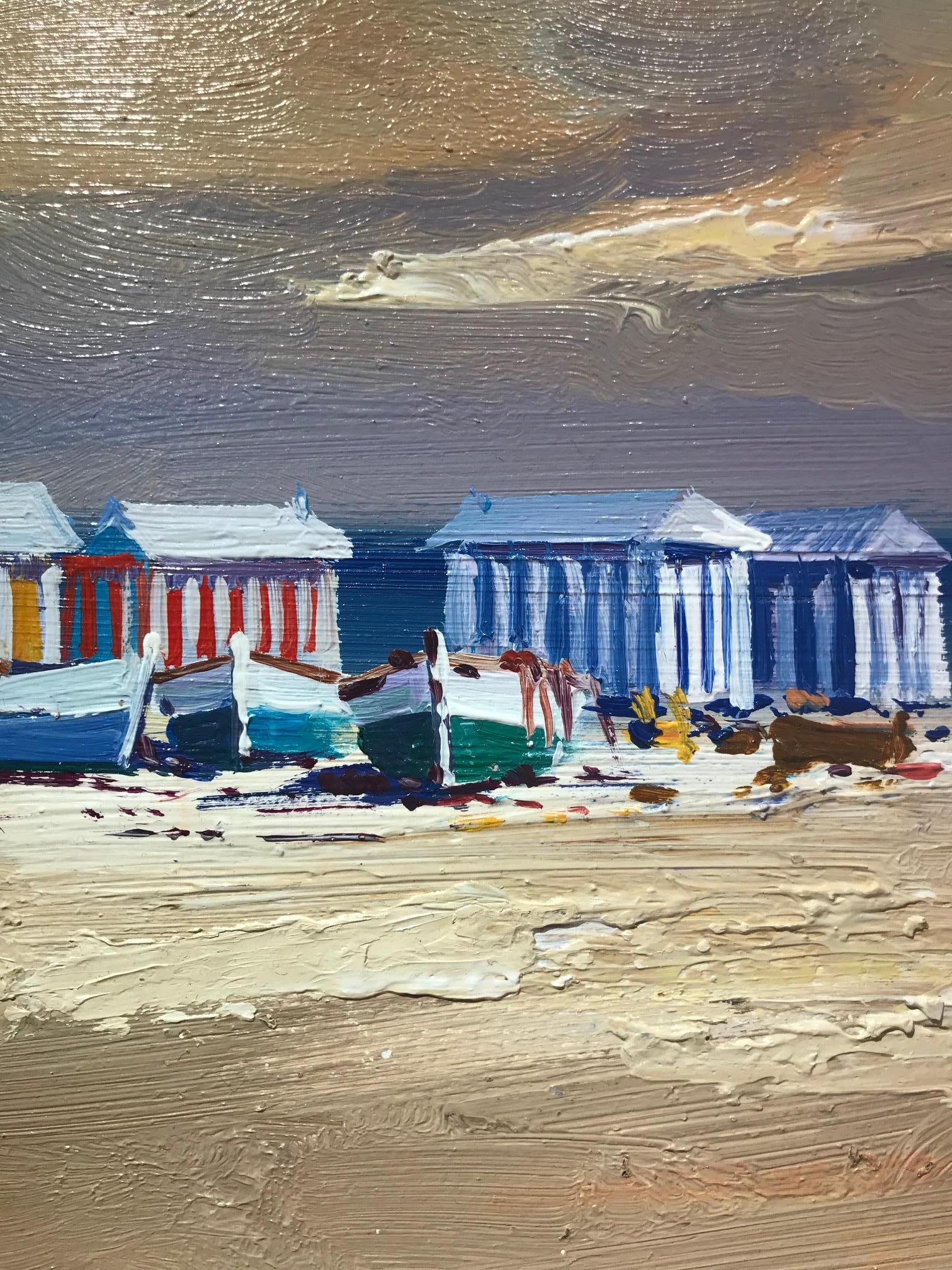 A warm and beautiful contemporary beach scene 'Beach Huts' by E. Martinez. This stunning seascape has a soft and natural colour palette, pale blues and earthy cool tones are subtle and mellow. Interesting textures create a warm and balanced