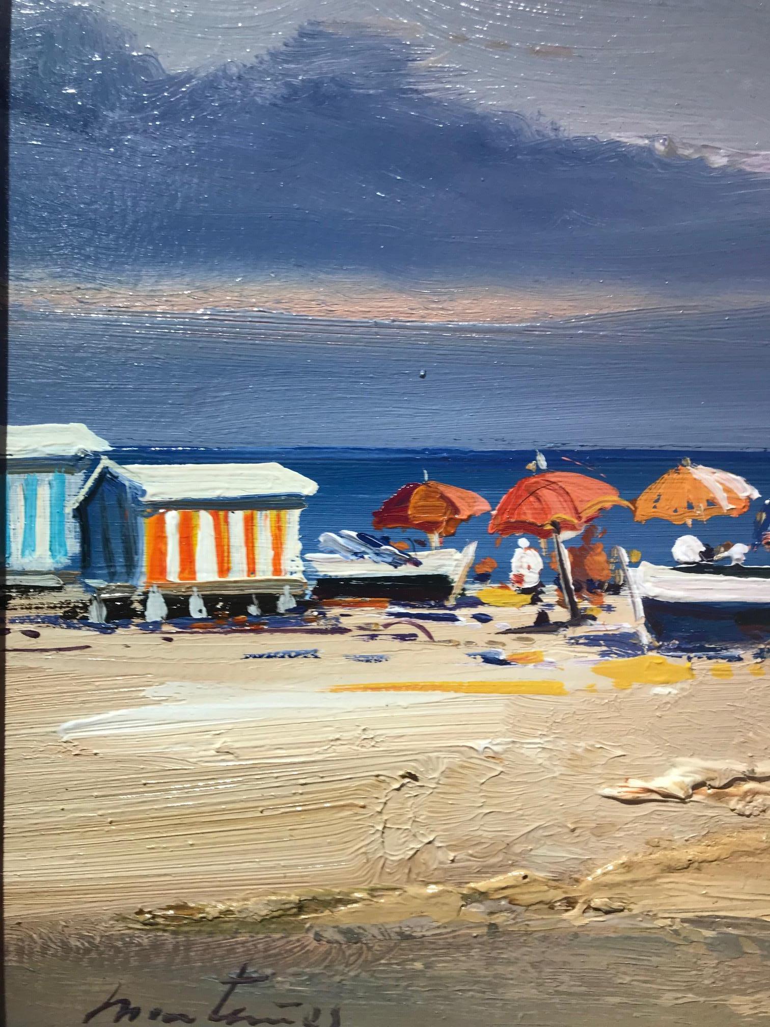 Contemporary Vivid Blue Seascape & Beach Scene 'Beach Day', blues, pinks, yellow - Painting by E. Martinez